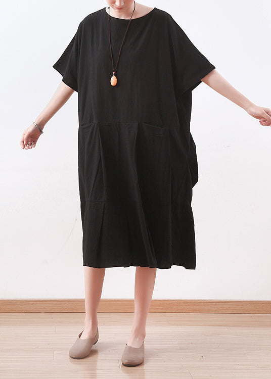 Chic black linen clothes Korea Sewing o neck asymmetric baggy Summer Dress