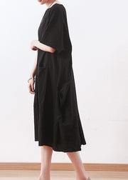 Chic black linen clothes Korea Sewing o neck asymmetric baggy Summer Dress