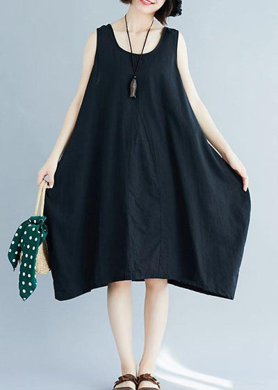Chic black o neck linen quilting dresses sleeveless Plus Size Clothing summer Dress - bagstylebliss