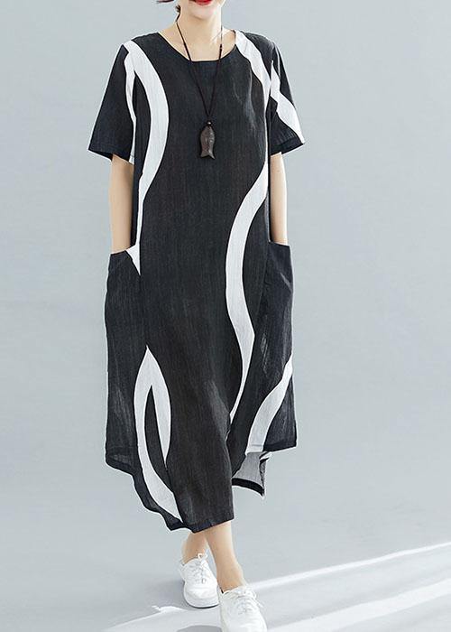 Chic black striped cotton quilting clothes o neck asymmetric Kaftan summer Dress - bagstylebliss