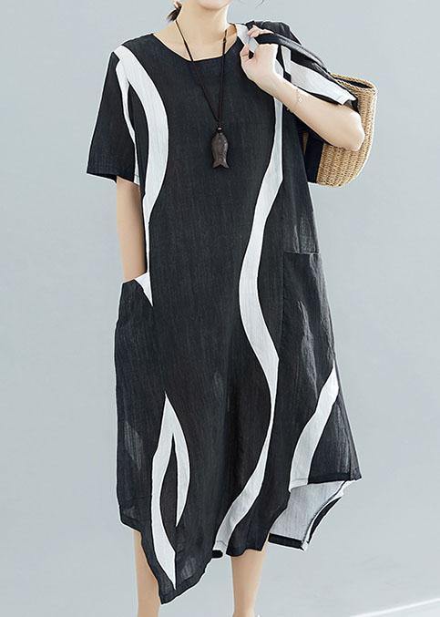 Chic black striped cotton quilting clothes o neck asymmetric Kaftan summer Dress - bagstylebliss