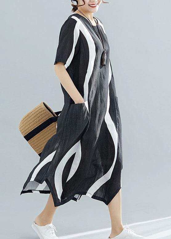 Chic black striped cotton quilting clothes o neck asymmetric Kaftan summer Dress - bagstylebliss