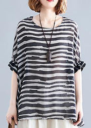 Chic black striped shirts women o neck Batwing Sleeve box shirts - bagstylebliss