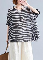 Chic black striped shirts women o neck Batwing Sleeve box shirts - bagstylebliss