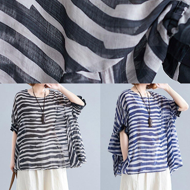 Chic black striped shirts women o neck Batwing Sleeve box shirts - bagstylebliss