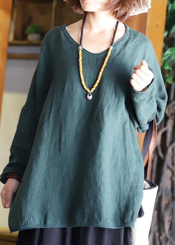 Chic blackish green linen clothes For Women side open Plus Size Clothing v neck blouse - bagstylebliss