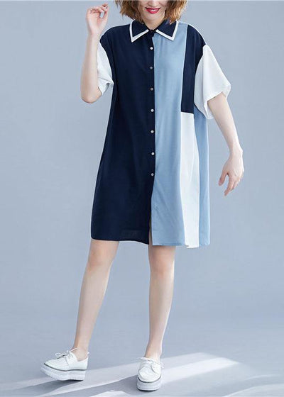 Chic blue Cotton clothes patchwork summer shirt Dress - bagstylebliss