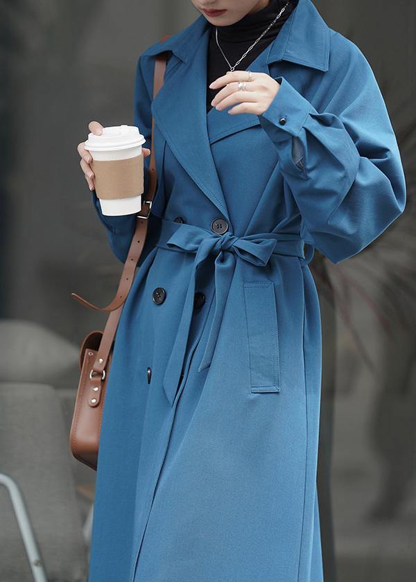 Chic blue Fashion coat for woman Tutorials Notched tie waist outwears - bagstylebliss