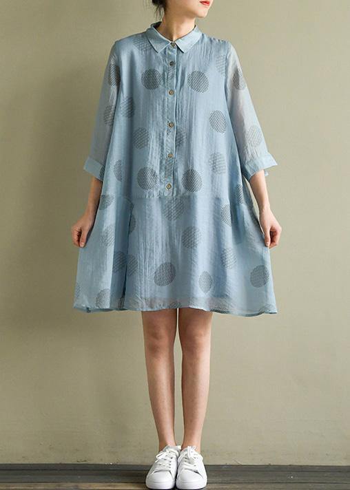 Chic blue dotted linen dress lapel half sleeve loose summer Dresses - bagstylebliss