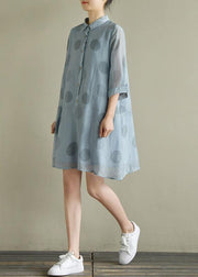 Chic blue dotted linen dress lapel half sleeve loose summer Dresses - bagstylebliss