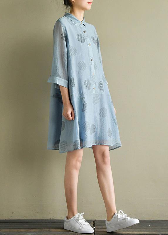 Chic blue dotted linen dress lapel half sleeve loose summer Dresses - bagstylebliss