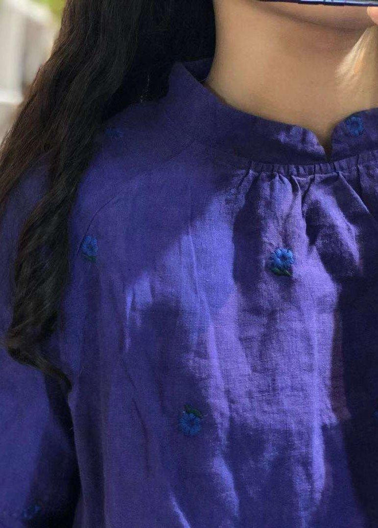Chic blue embroidery linen tops women ruffles long sleeve loose fall blouses - bagstylebliss