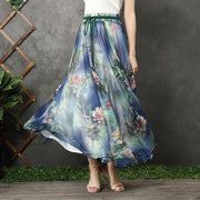 Chic blue floral chiffon Long Shirts elastic tie waist long summer Dress - bagstylebliss