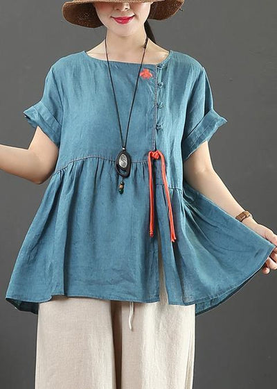 Chic blue linen linen tops women o neck Cinched oversized shirts - bagstylebliss