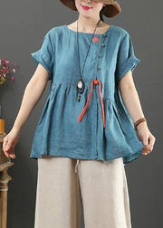 Chic blue linen linen tops women o neck Cinched oversized shirts - bagstylebliss