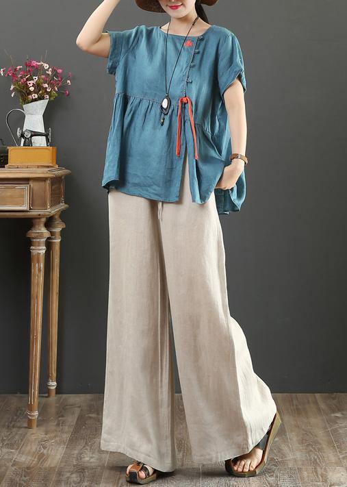 Chic blue linen linen tops women o neck Cinched oversized shirts - bagstylebliss