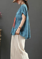 Chic blue linen linen tops women o neck Cinched oversized shirts - bagstylebliss