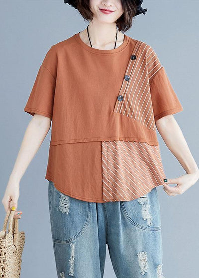 Chic brown cotton shirts o neck patchwork loose summer top - bagstylebliss