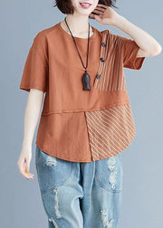 Chic brown cotton shirts o neck patchwork loose summer top - bagstylebliss