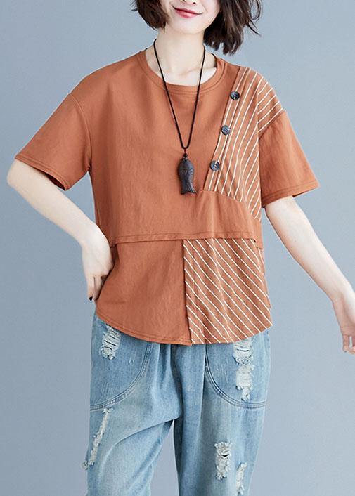 Chic brown cotton shirts o neck patchwork loose summer top - bagstylebliss