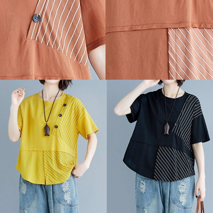 Chic brown cotton shirts o neck patchwork loose summer top - bagstylebliss