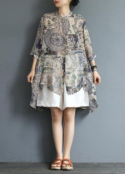 Chic cotton tunic top Korea Retro Printed High Low Hem Comfortable Blouse - bagstylebliss