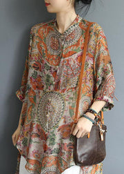 Chic cotton tunic top Korea Retro Printed High Low Hem Comfortable Blouse - bagstylebliss