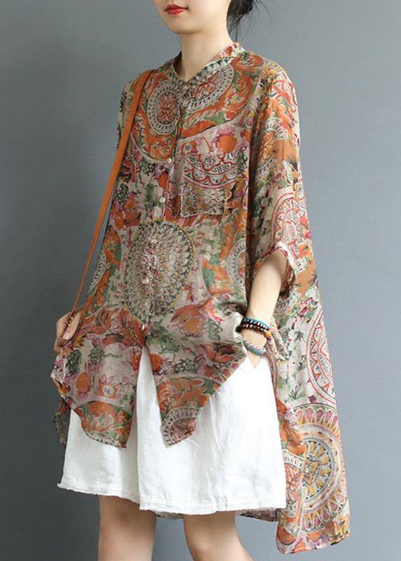 Chic cotton tunic top Korea Retro Printed High Low Hem Comfortable Blouse - bagstylebliss