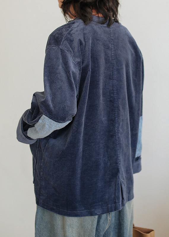 Chic dark blue cotton Blouse stand collar pockets tunic shirts - bagstylebliss