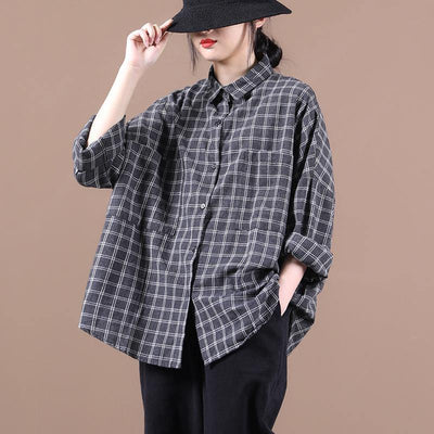 Chic black plaid shirts women lapel pockets Dresses shirt - bagstylebliss