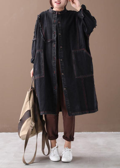 Chic denim black Fashion coat for woman Tutorials stand collar Button Down coats - bagstylebliss