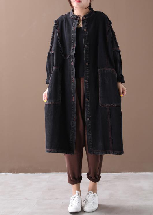 Chic denim black Fashion coat for woman Tutorials stand collar Button Down coats - bagstylebliss