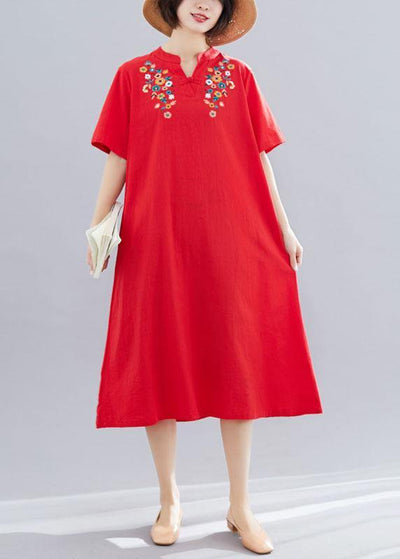 Chic embroidery cotton clothes linen red Dresses summer - bagstylebliss