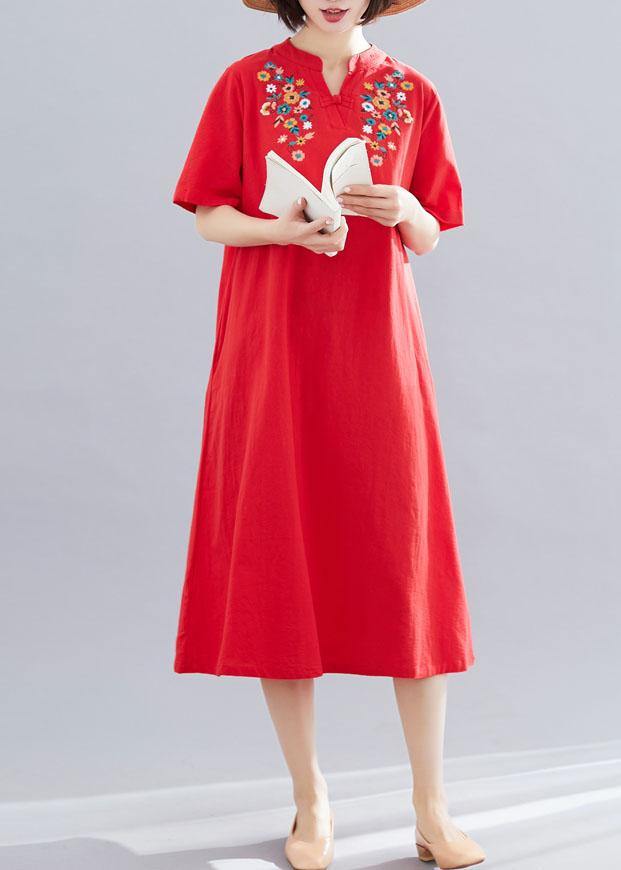 Chic embroidery cotton clothes linen red Dresses summer - bagstylebliss