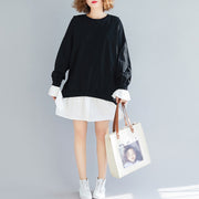 Chic flare sleeve Cotton dresses Stitches Work Outfits black shift Dress