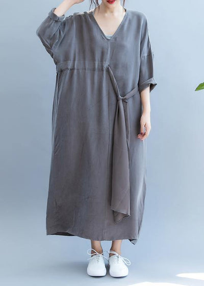 Chic gray clothes For Women v neck drawstring long summer Dress - bagstylebliss