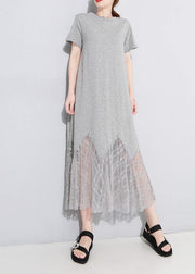 Chic gray cotton clothes Women lace patchwork Maxi summer hollow out Dresses - bagstylebliss