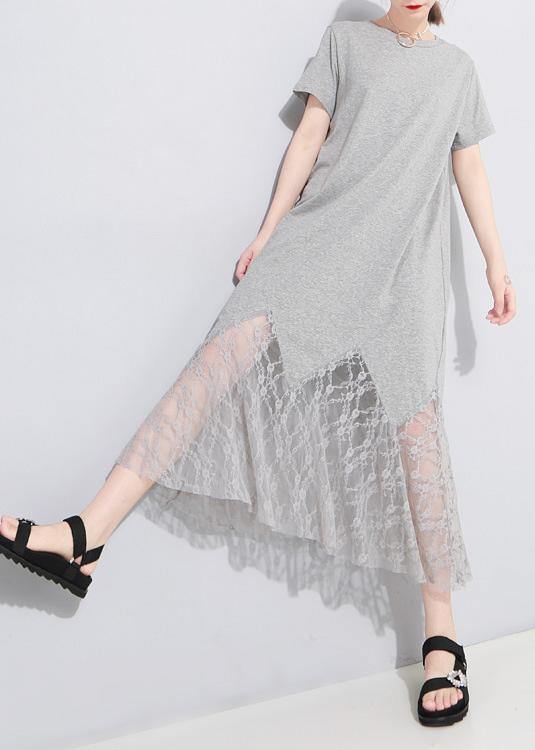 Chic gray cotton clothes Women lace patchwork Maxi summer hollow out Dresses - bagstylebliss