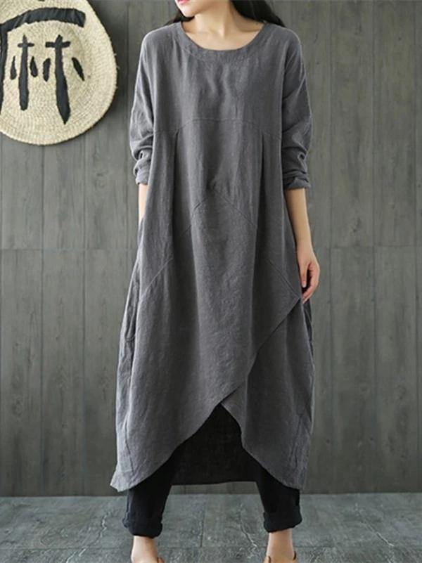 Chic gray cotton linen dress o neck asymmetric Maxi spring Dresses - bagstylebliss