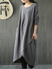 Chic gray cotton linen dress o neck asymmetric Maxi spring Dresses - bagstylebliss