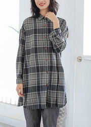 Chic gray plaid cotton blouses for women POLO neck Button tunic top - bagstylebliss