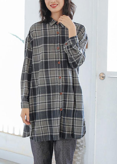 Chic gray plaid cotton blouses for women POLO neck Button tunic top - bagstylebliss