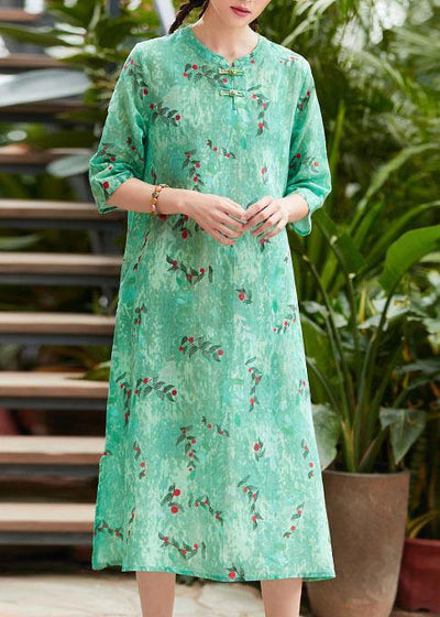 Chic green print linen Robes o neck Chinese Button summer Dresses - bagstylebliss