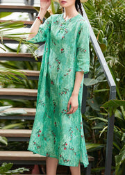 Chic green print linen Robes o neck Chinese Button summer Dresses - bagstylebliss