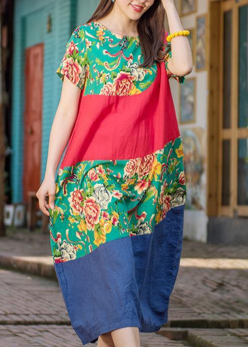 Chic green print linen clothes For Women o neck patchwork cotton summer Dresses - bagstylebliss