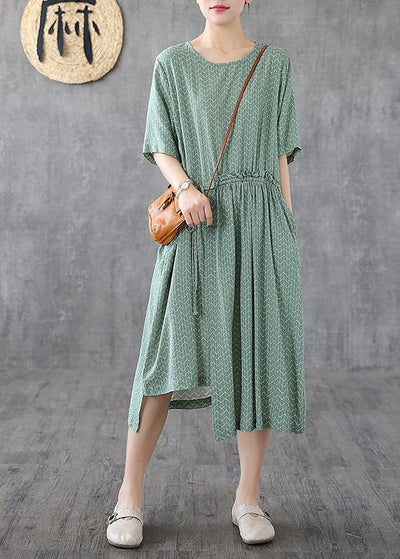 Chic green print linen dresses o neck asymmetric loose summer Dress - bagstylebliss