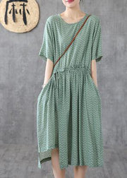 Chic green print linen dresses o neck asymmetric loose summer Dress - bagstylebliss