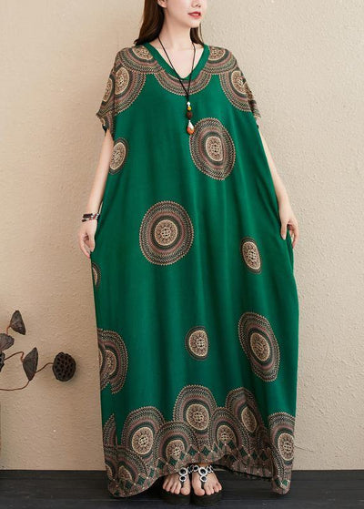 Chic green print outfit v neck Batwing Sleeve Kaftan summer Dresses - bagstylebliss