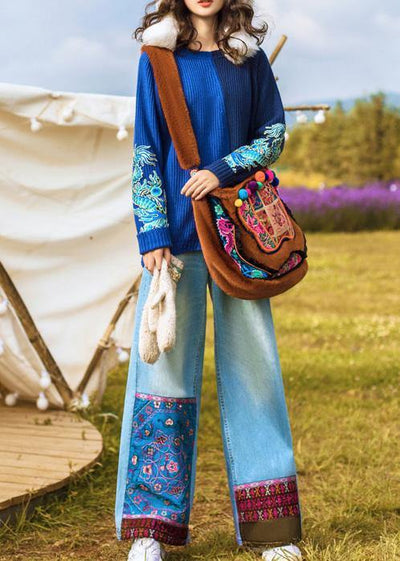 Chic high waist pant oversize denim blue Cotton embroidery pant - bagstylebliss