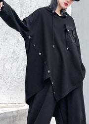 Chic hooded asymmetric cotton tunic Fabrics black blouse - bagstylebliss